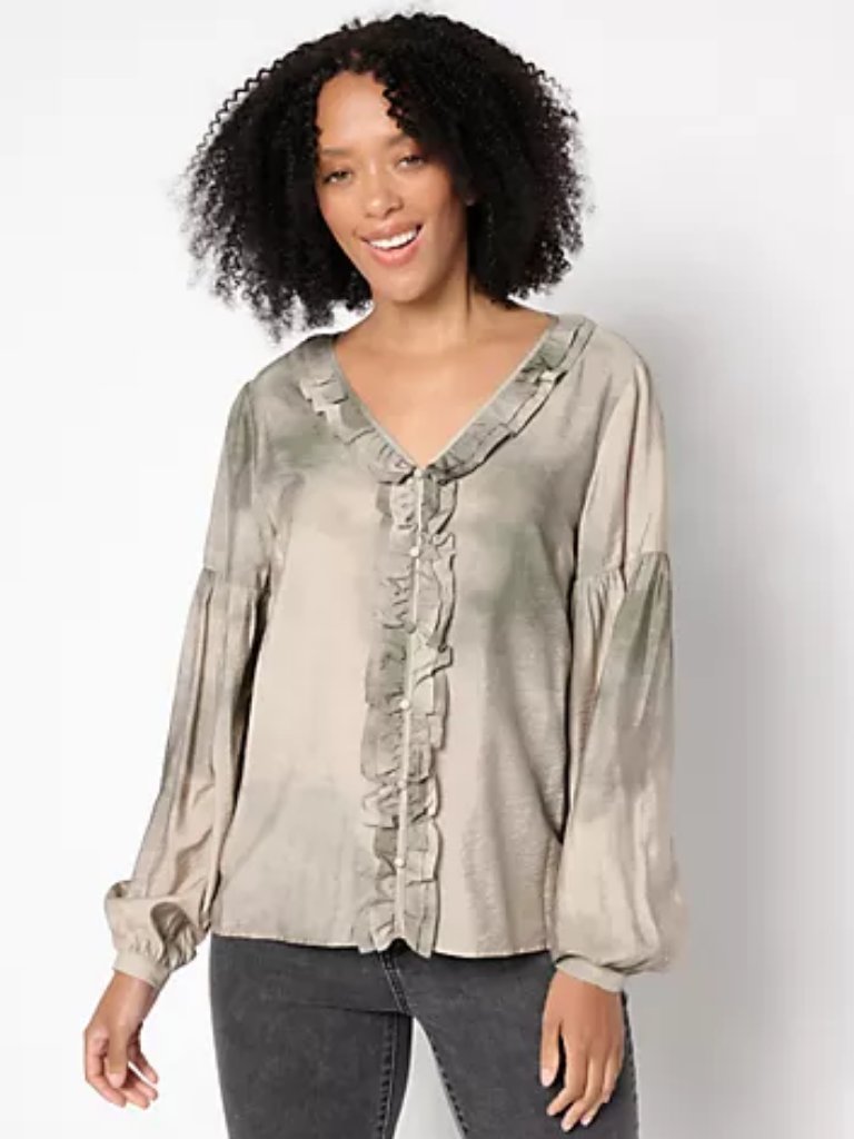Me By Jennie Garth Bodie Printed Seagrass Green Blouse W/Ruffle Neckline Nwt